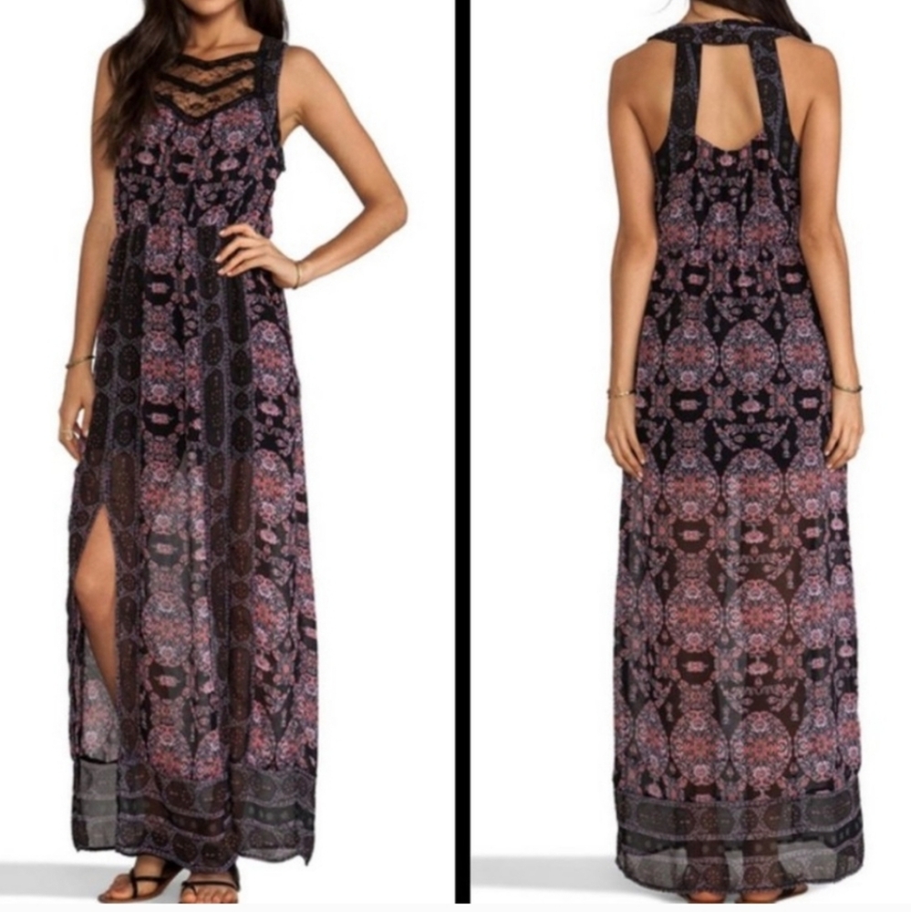 Free People Moroccan Print Black Lace High Slit Maxi Dress size 4